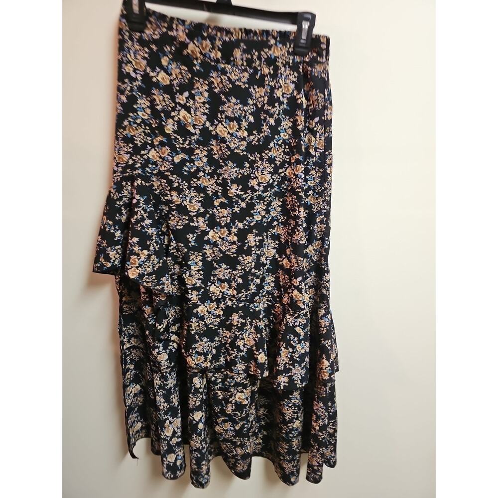 BTFBM Womens Black Floral Maxi Skirt Ruffles Size 12